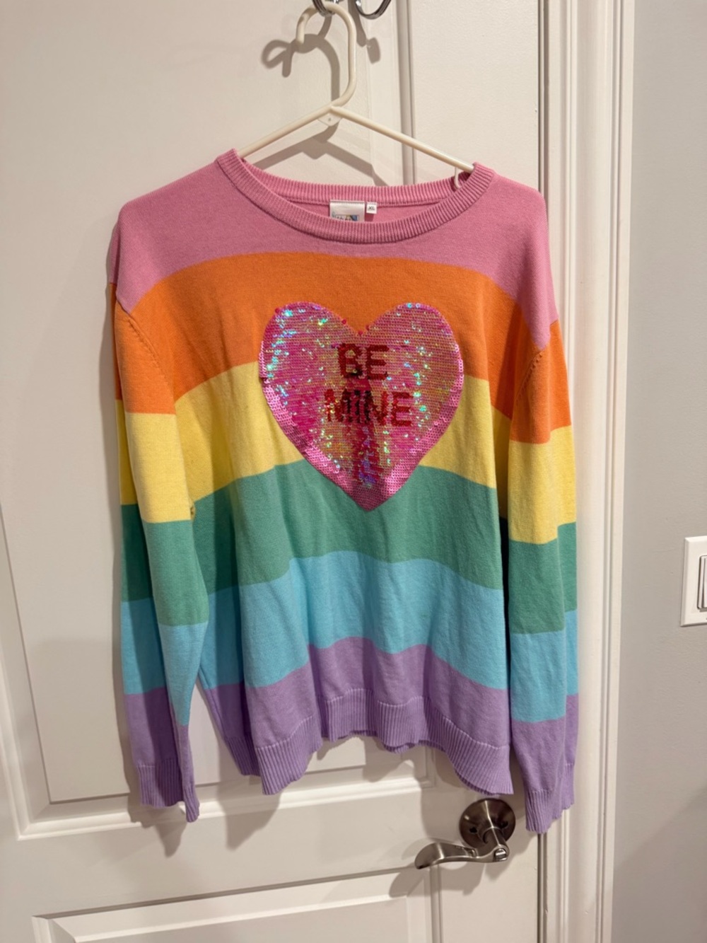 Queen of Sparkles Rainbow Stripe Sequin Heart Sweater - "Be Mine"